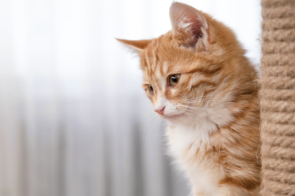 Cute red kitten on a light background