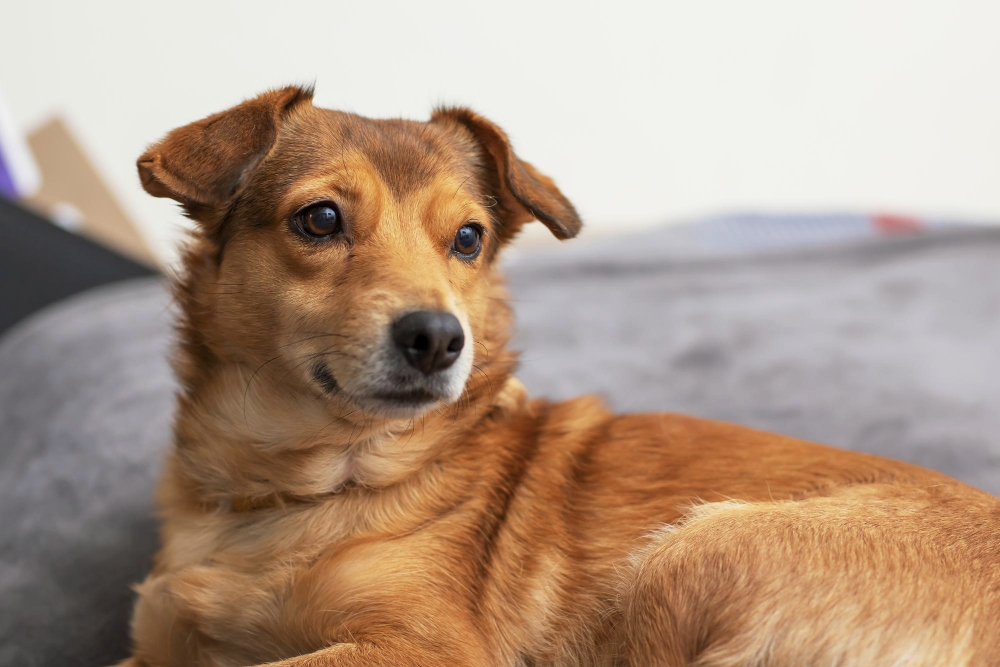 A brown dog is laying on a cozy bed