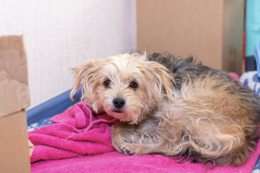 A small brown and white dog is comfortably laying on a pink towel