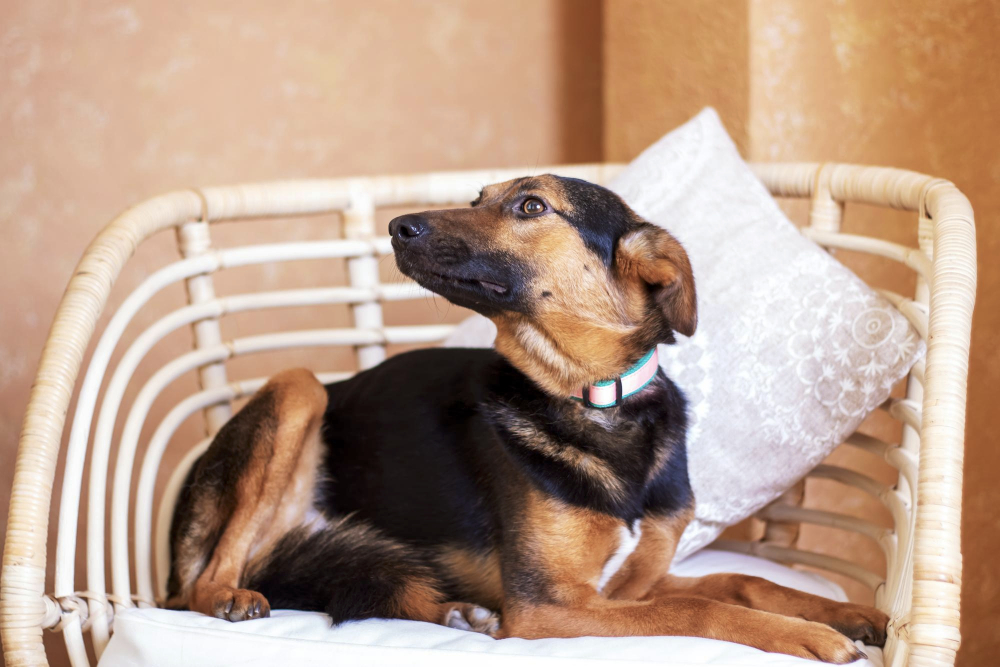 A brown and black Herding dog standing in a living room