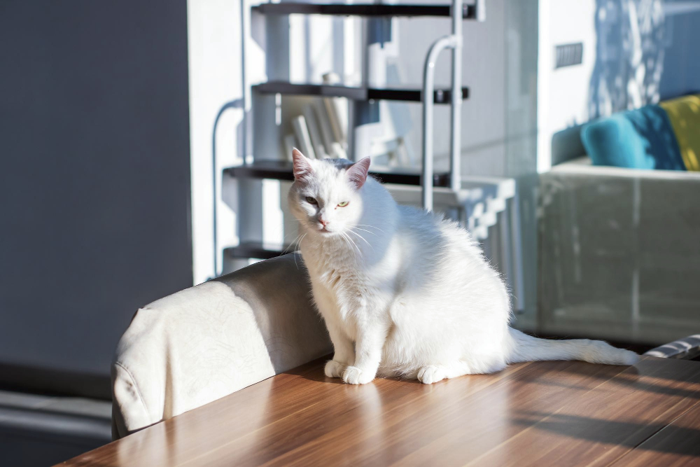 A fluffy white cat is comfortably sitting on a table