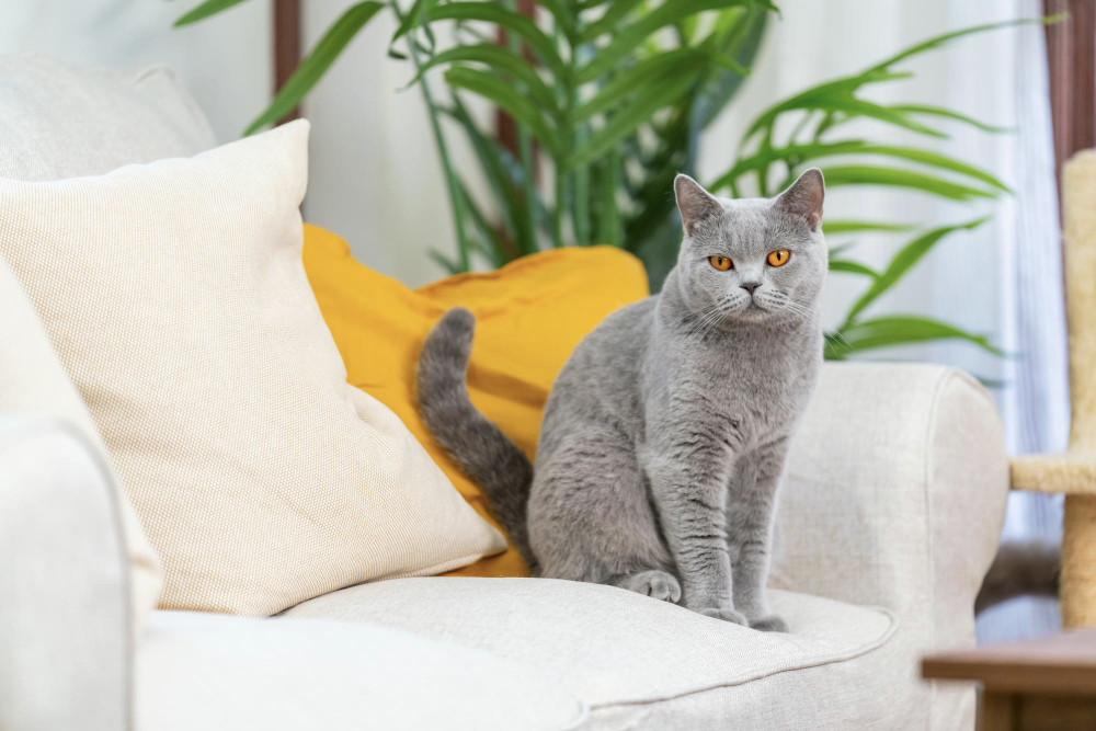 Cute female blue gray color British Shorthair breed cat enjoy and fun playing on sofa